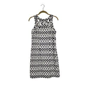 Lulu B Shift Dress Sleeveless Cage Back Black White Tan Geometric Circles Size S